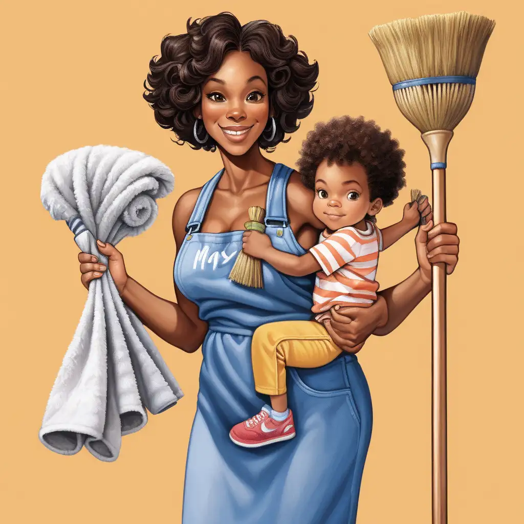 Picture of a black pretty mom, with multiple arms each holding something, broom, mop, towel, child,food