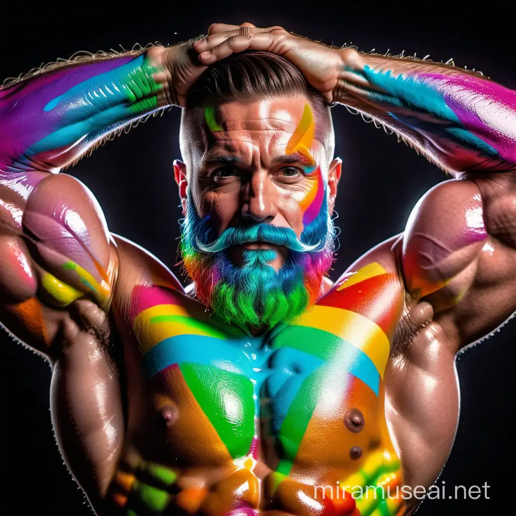 Topless 30s Thick Beefy IFBB Bodybuilder Rainbow coloured Beard Daddy Bright Highlighter Coloured Grow in the Dark Paints All Over his Body Holding up his Big Strong Arms Over this head and Flexing