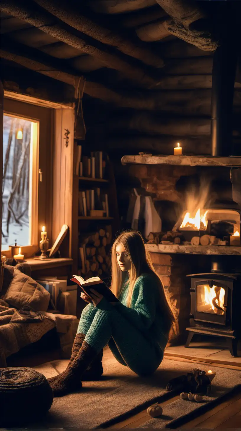  A beautiful girl in a wooden country house - with a country life inside and a big fireplace burning logs. The girl is wearing black elastic leggings, very thick brown woolen socks just below the knees. She is wearing a thick woolen sweater in brown over her, with a blue undershirt over it. On her feet she put on Turkish knitted slippers. He is sitting on wooden fllor, reading a book and drinking tea - it is a dark and cold night outside. Green-eyed monsters peer through the house's frozen wood-framed windows.