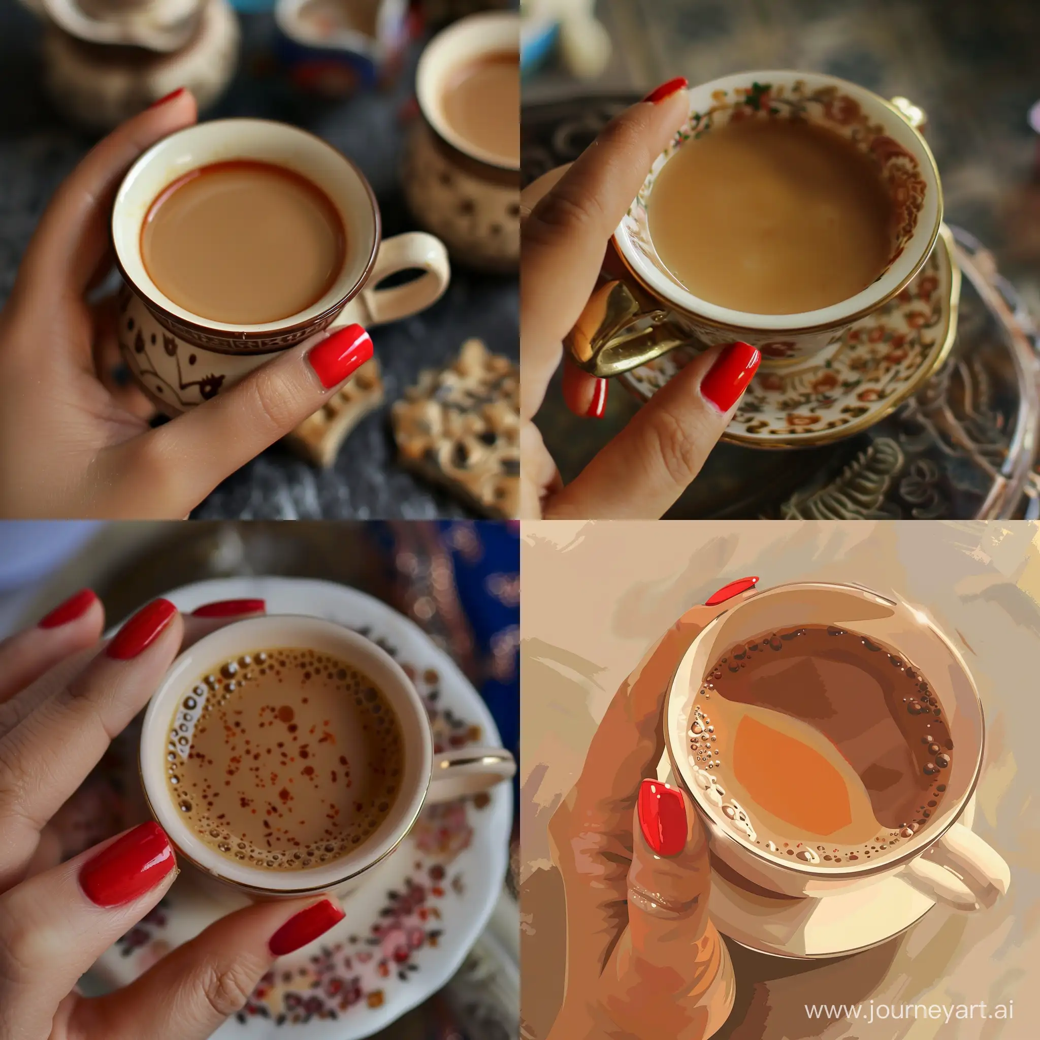 A cup of masala tea in the hand of a lady. Red nail polish. Complete and accurate details. --v 6 --ar 1:1 --no 19918