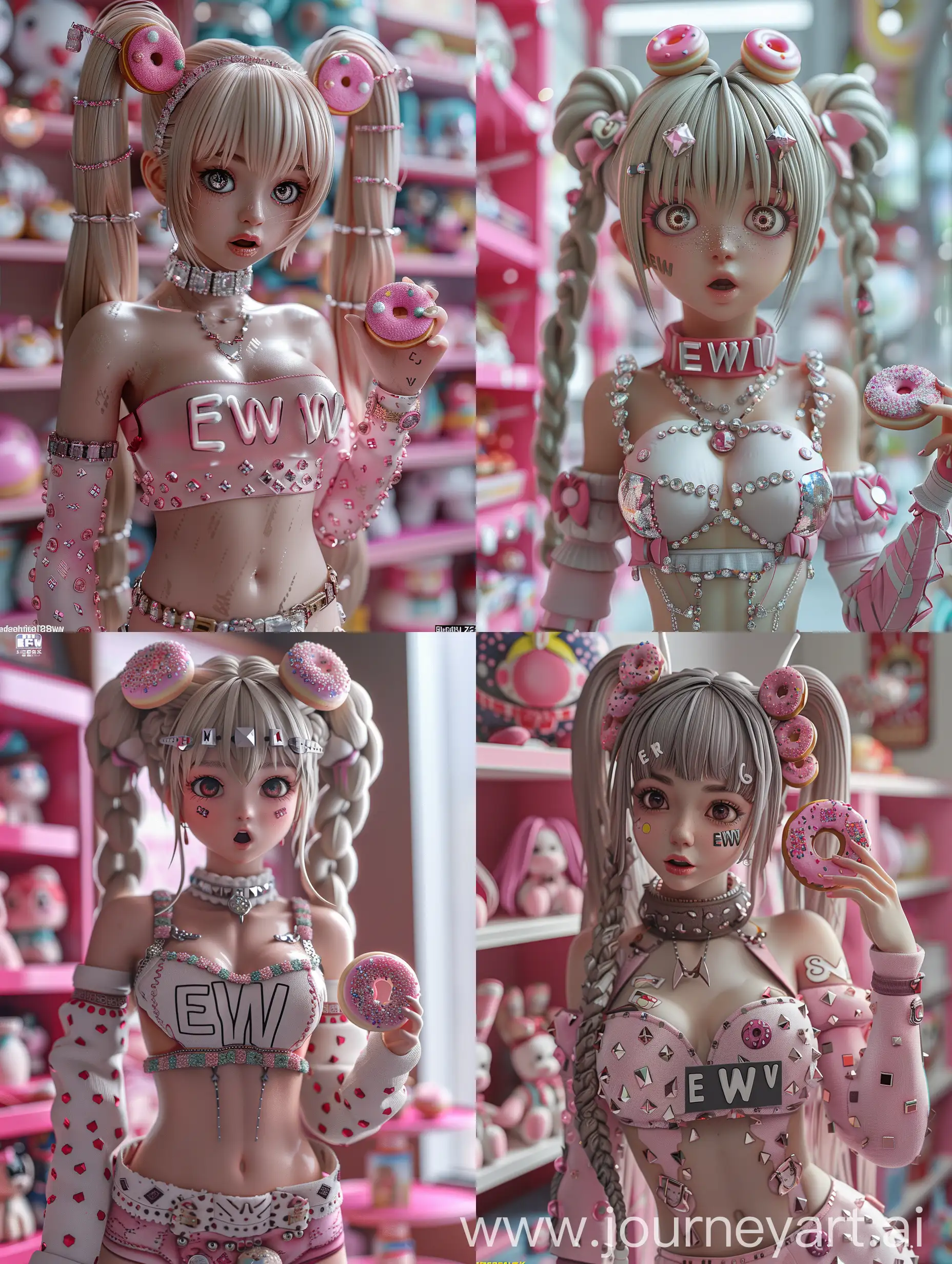 Adorable-Anime-Character-with-EWW-Collar-and-Pink-Donuts-Hair-in-Kawaii-Toy-Shelf-Scene