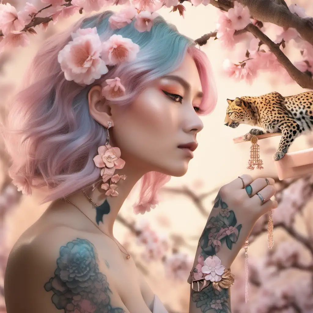 Ethereal Beauty Pastelhaired Model with Cherry Blossom Tree and Leopard