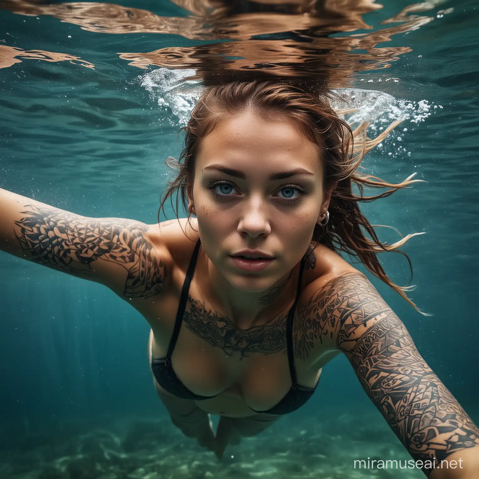 photography, create image realistic. beautiful tribe woman with tattooes on body, diving under water, brown hair, blue eyes