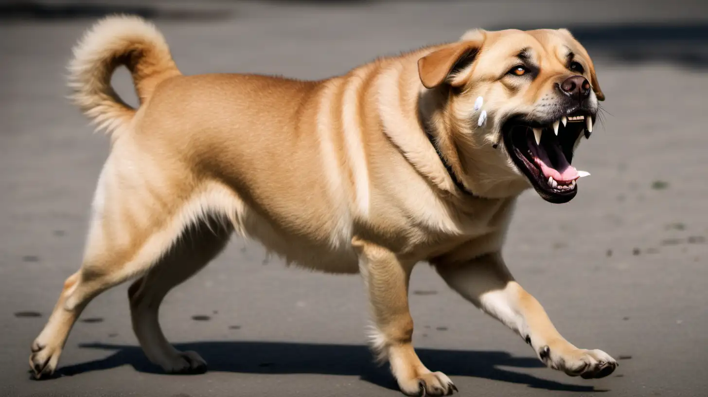 a real life image of a Labrador-Chow mix dog, snarling and vicious, head to toe, full body