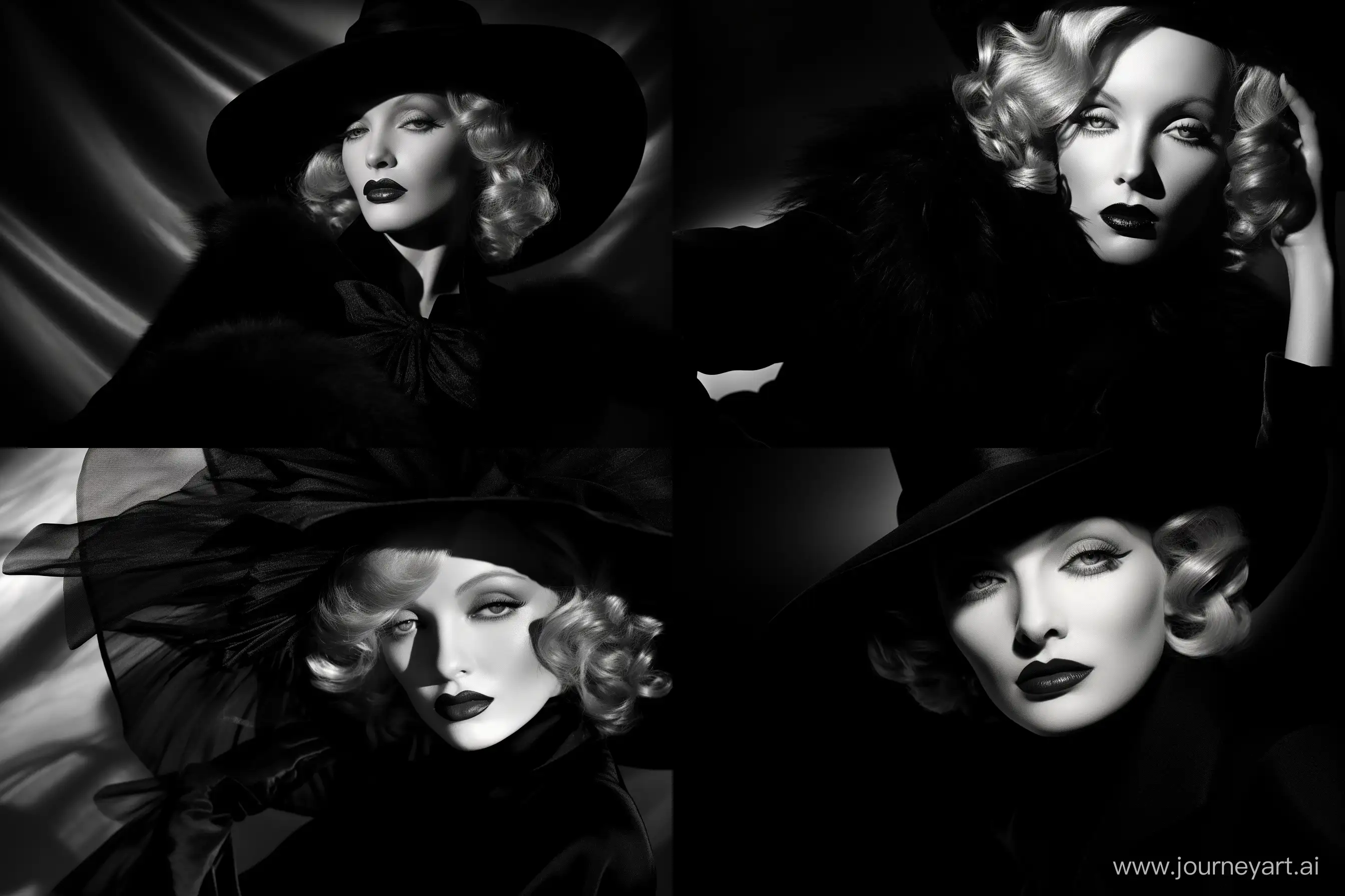 Film Noir Femme: Marlene Dietrich, Capture the essence of film noir with a mysterious and glamorous fashion portrait. --ar 3:2