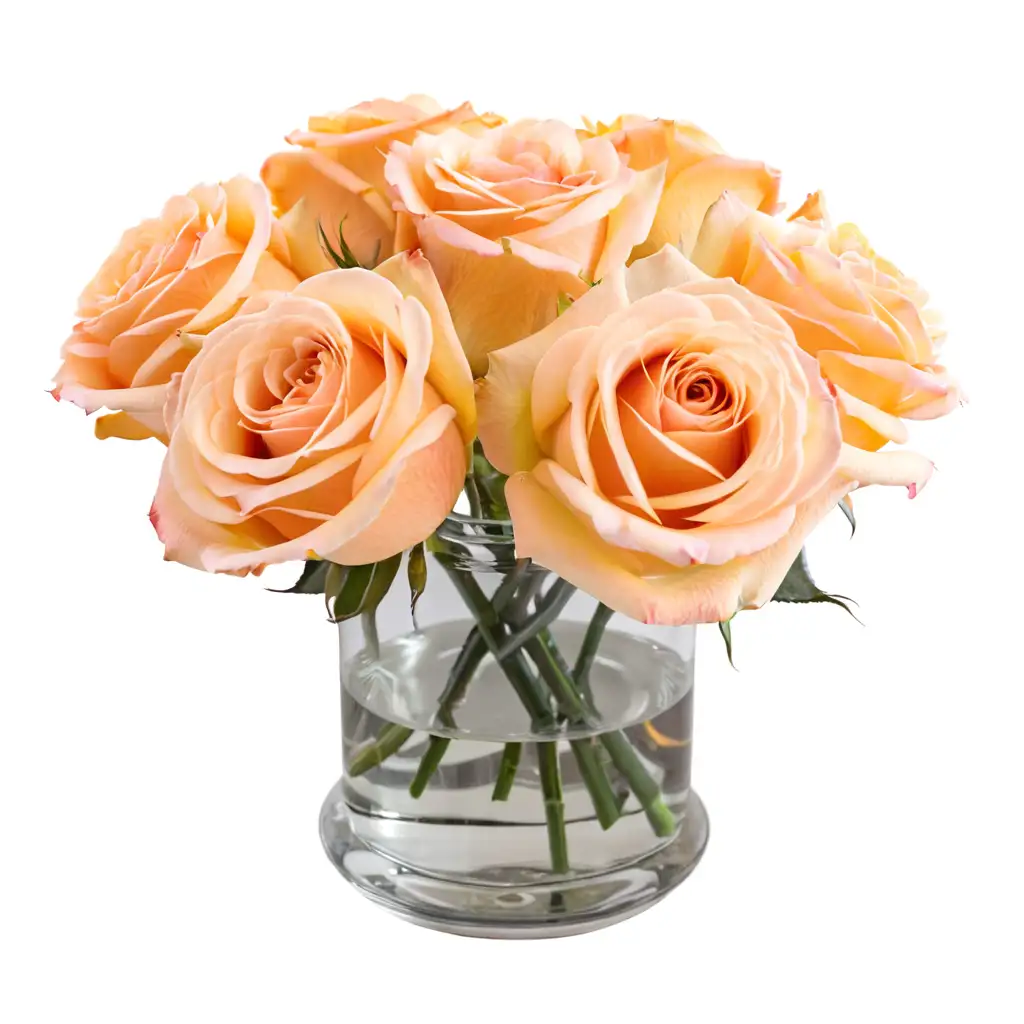 small glass cylinder vase with a half dozen fully floomed light orange roses