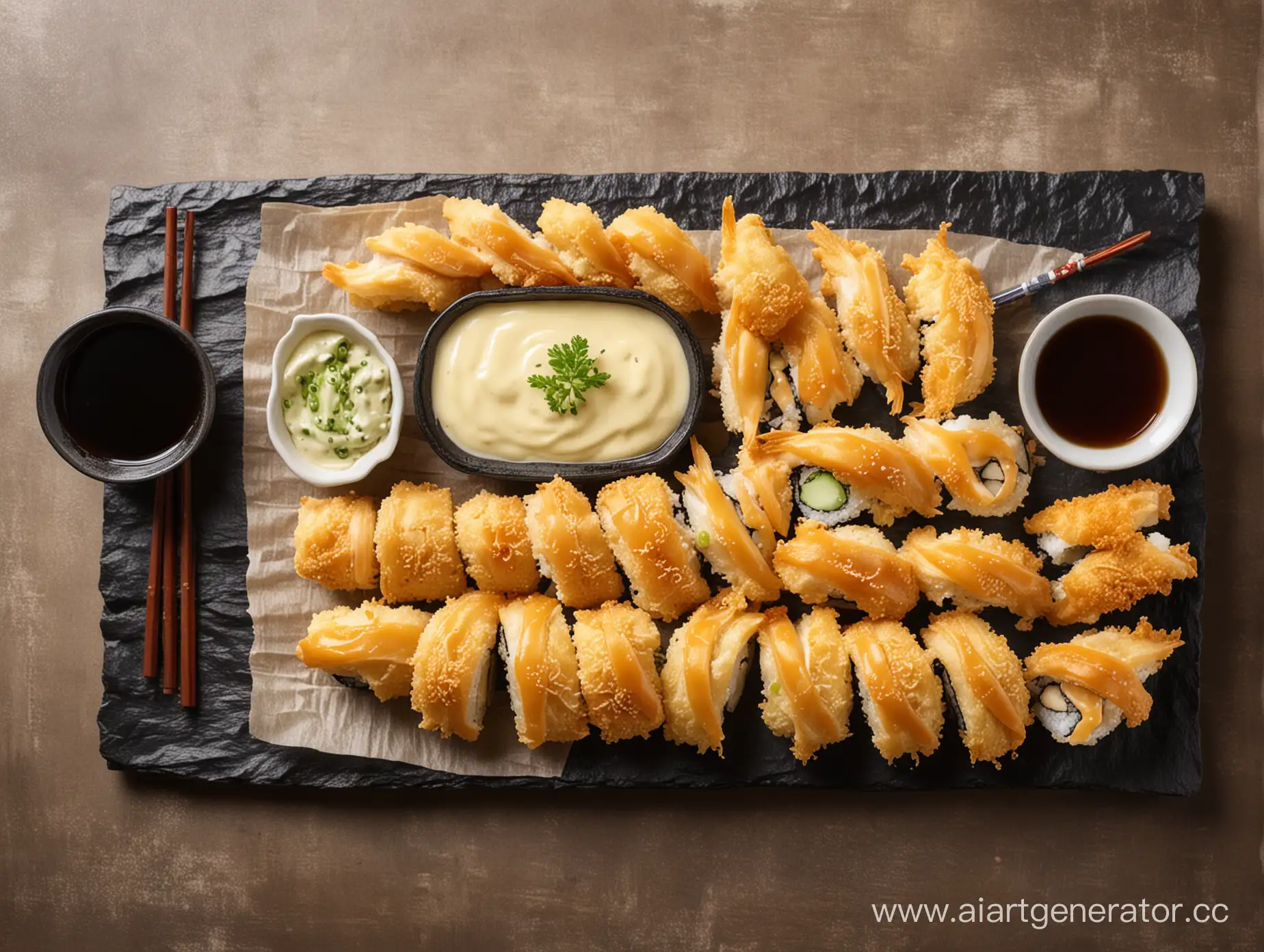 sushi set, baked tempura, with cheese sauce