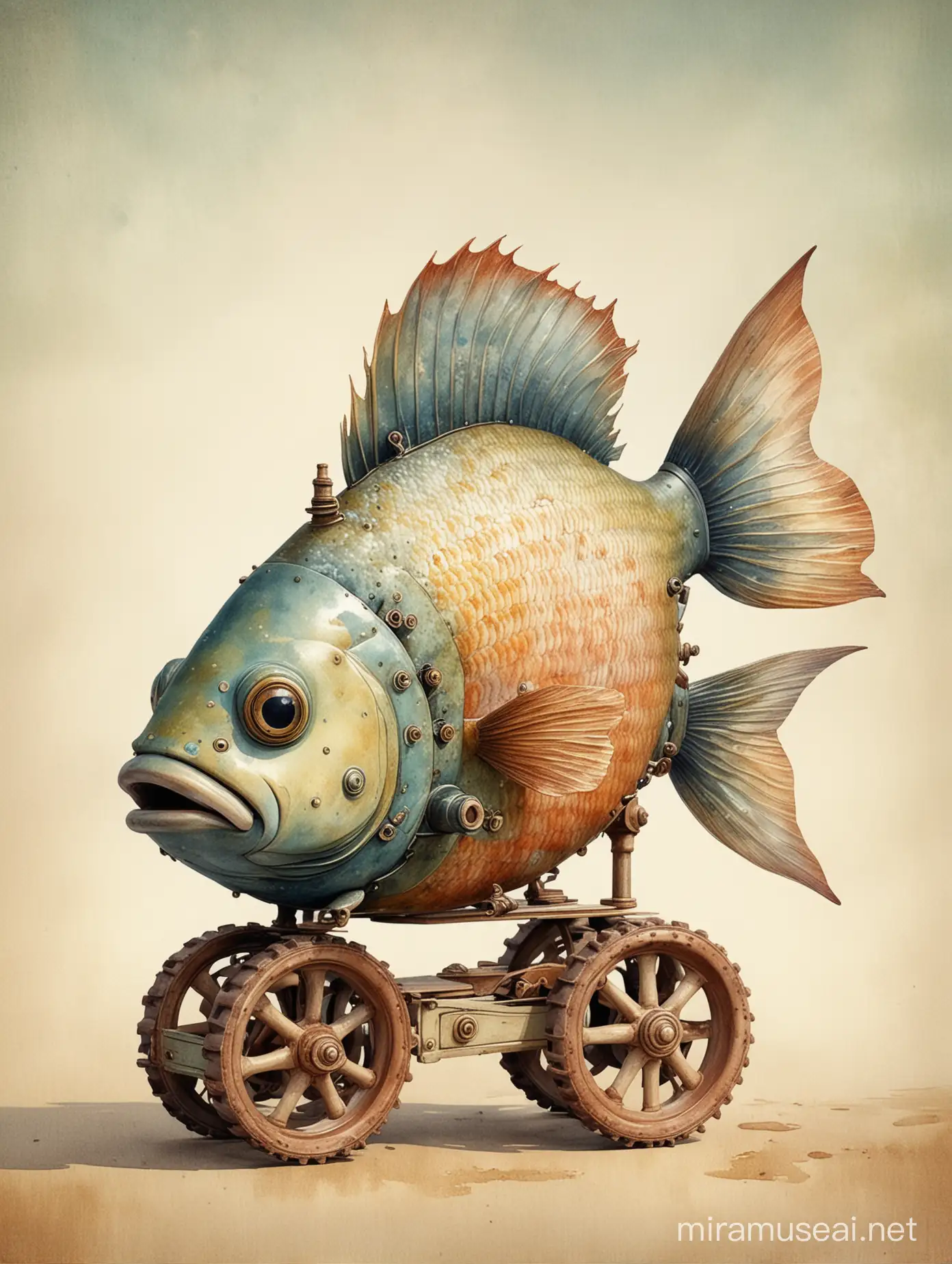 un poisson avec des roulettes, style jouet ancien, l’image respire le charme d’une époque révolue, capturant l’imagination avec son mélange unique de détails minutieux et de réminiscences vintage, style aquarelle