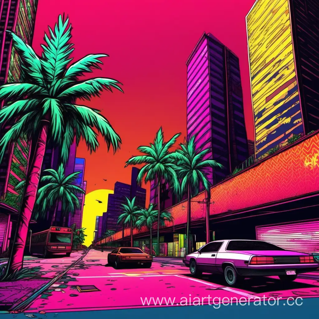 Vibrant-Hotline-MiamiInspired-Urban-Landscape-with-Palm-Trees