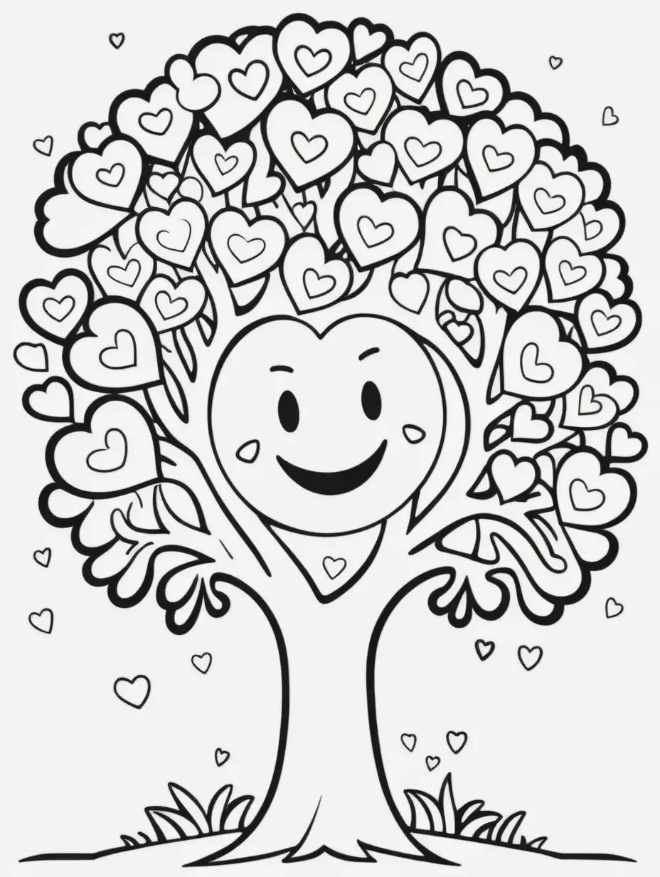 b/w outline art for coloring book page: a tree with a happy face, kids style, cute, romantic, with hearts (((((white background))))). Only use outline, cartoon style, very clean line art, no shadow