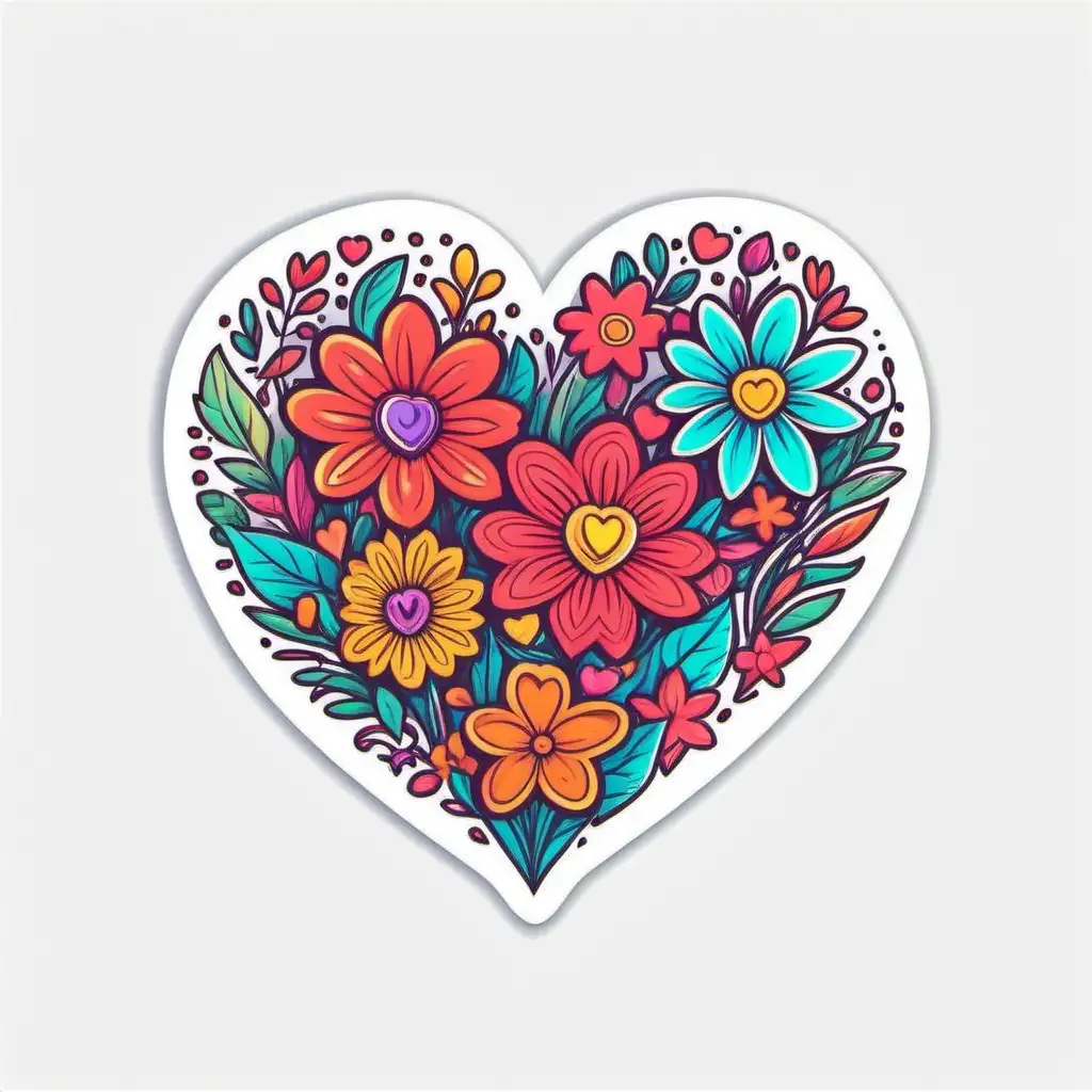 Colorful Floral Heart Outline Cartoon Sticker on White Background