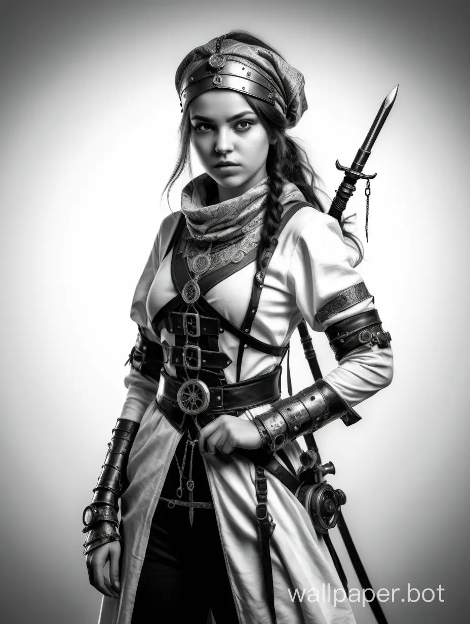 A young girl, in medieval Eastern clothing, a hired assassin, 4k photo, black and white sketch, white background, steampunk style