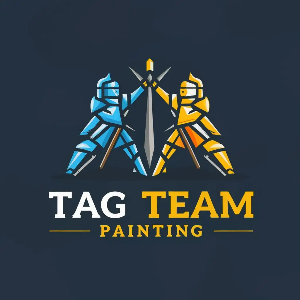 a logo design,with the text "Tag Team Painting", main symbol:Two thin Paint Brushes and two knights,complex,clear background