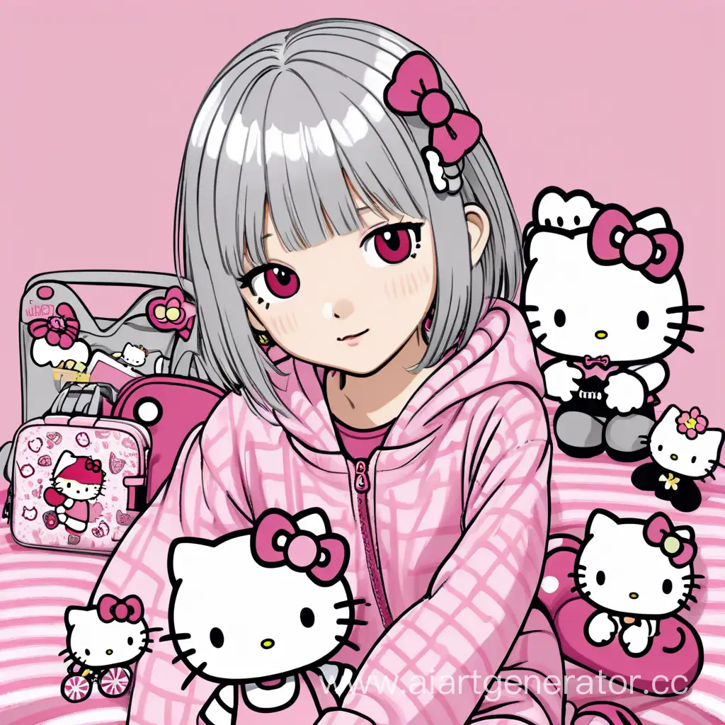 A girl with gray hair and red eyes in pink pajamas surrounded by Hello Kitty accessories