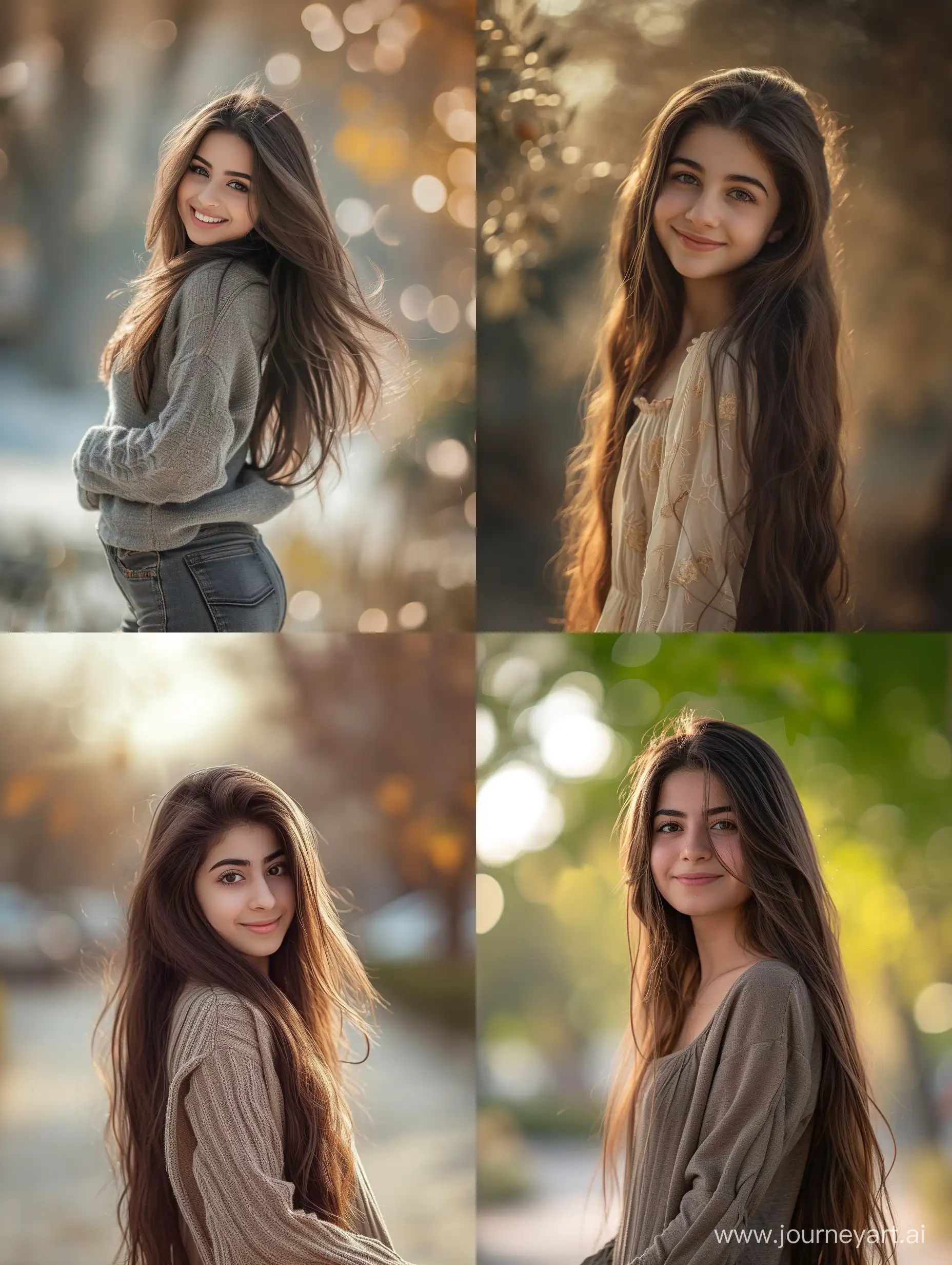 a not thin pretty Iranian girl standing, she has dark brown long hair, happy face, blur background, ultra high detailed photo, full body pose photography, not thin body, thin face
