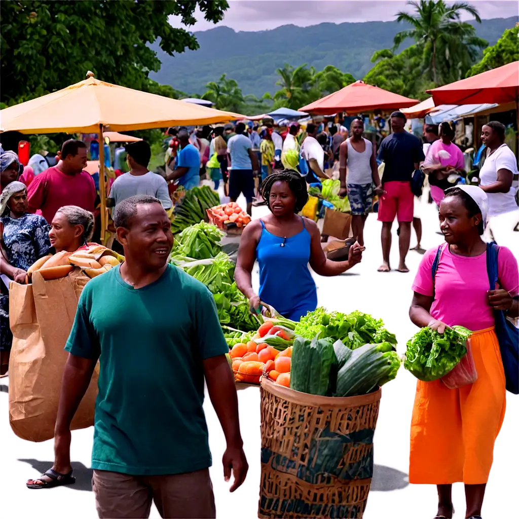 Close up photo of Bustling market vendor busy selling their vegetable and fruits in a busy street in Vanuatu.People walking around the market with their shopping bags admiring the market.Sun is shinning, cool breeze from the sea