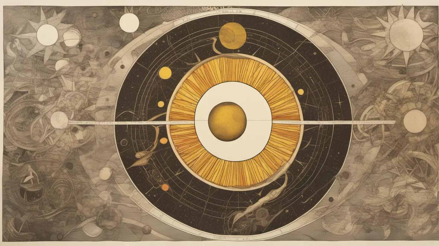 a diagram shown solar eclipse , astrological drawings, etching,, bold color, muted palette,, loose line drawing, playfully intricate, puzzle-like elements, loose line drawing