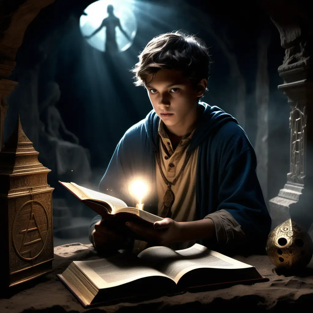 1. Subject: 
The protagonist, a young explorer with a curious expression.
Action: 
They are reaching out towards an ancient book covered in mystical symbols.
Environment: 
The scene is set in a dimly lit chamber filled with dusty tomes and artifacts, hinting at the secrets of ancient knowledge.
Medium: 
Digital illustration with intricate detailing to capture the mystical aura of the surroundings.
Lighting: 
Soft, diffused lighting casts gentle shadows, adding an air of mystery and intrigue.
Color: 
Muted tones with hints of gold and deep blues to evoke a sense of ancient wisdom and discovery.
Mood:
 Curious yet apprehensive, tinged with excitement and wonder.
Composition: 
A close-up shot focusing on the protagonist's hand reaching towards the book, with the mystical symbols faintly visible in the background, drawing the viewer's attention to the moment of discovery.