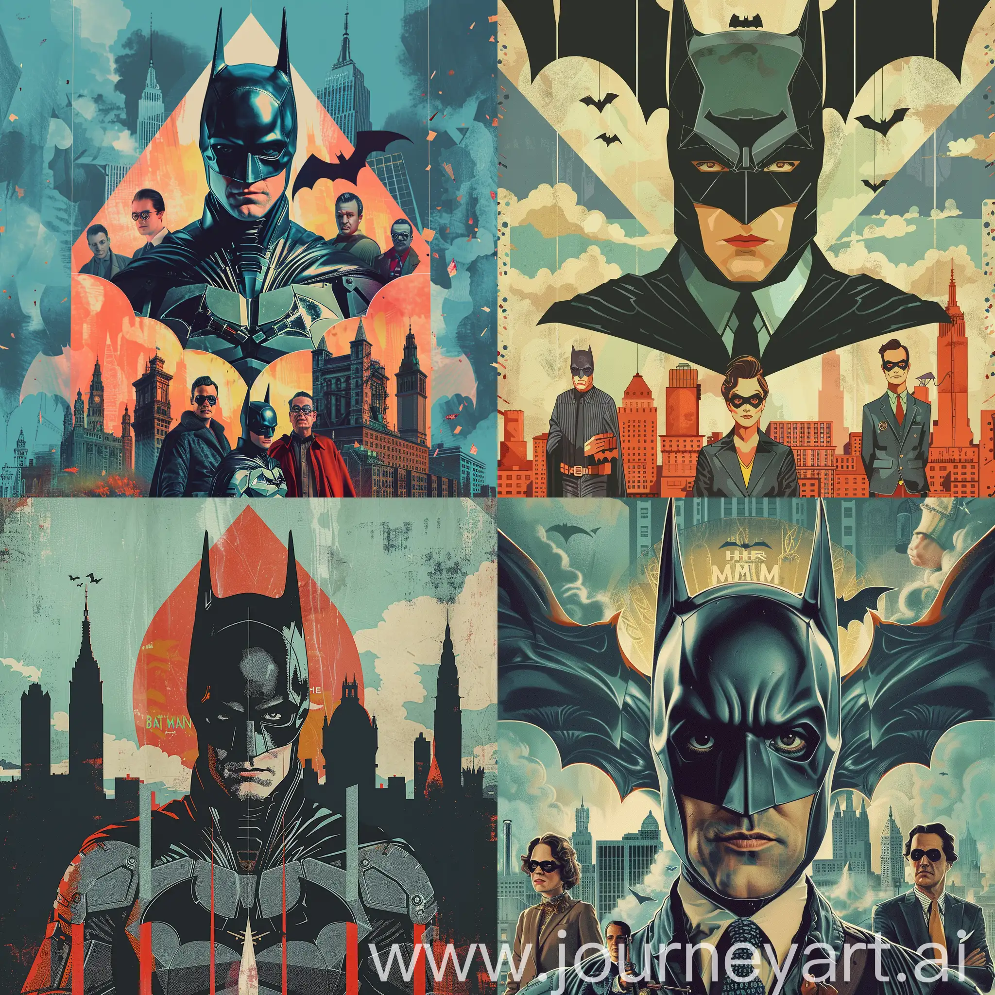Create an artistic poster capturing the whimsical essence of Wes Anderson's interpretation of Batman in 'The Bat-Man'. Incorporate bold colors, symmetrical compositions, and quirky characters against a backdrop of Gotham's skyline. Highlight the idiosyncrasies of Anderson's style merged with the iconic imagery of the Dark Knight.