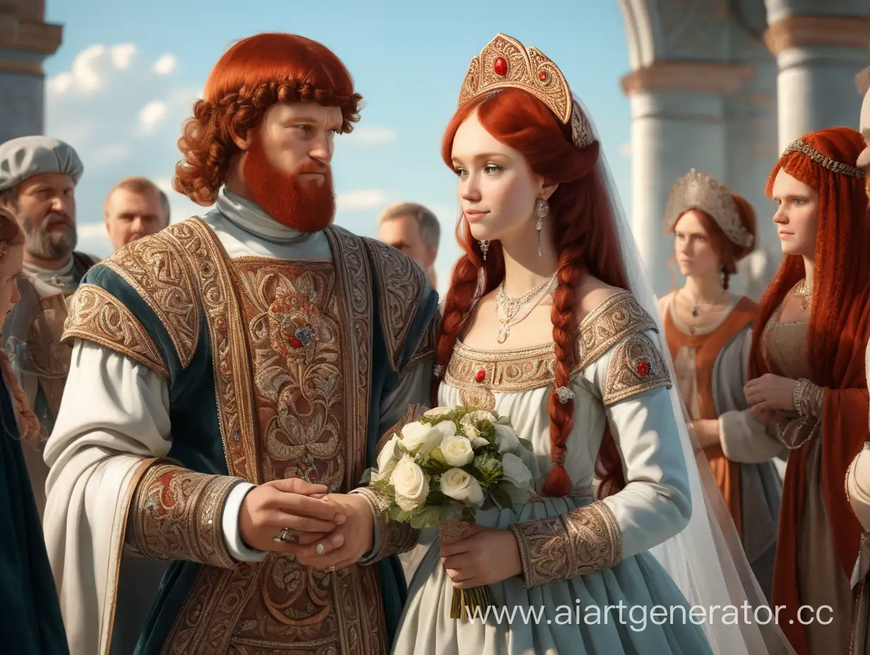 древнерусский боярин-брюнет с женой с рыжими волосами на свадьбе