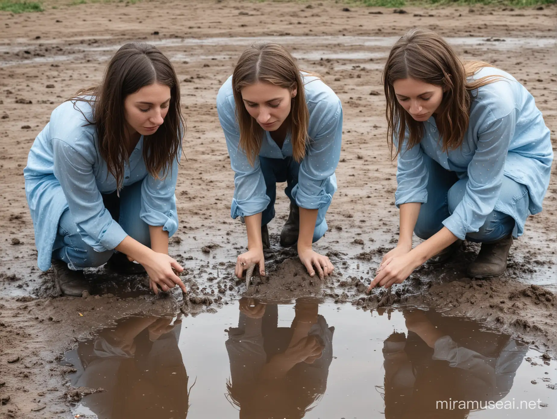 a realistic portrait of two women, big nose, one is crouching, looking like they have a cold, wearing silk patterend contemporary light blue tops, looking at a puddle in the mud, the puddle is reflecting their faces, busy with the pendulum effect