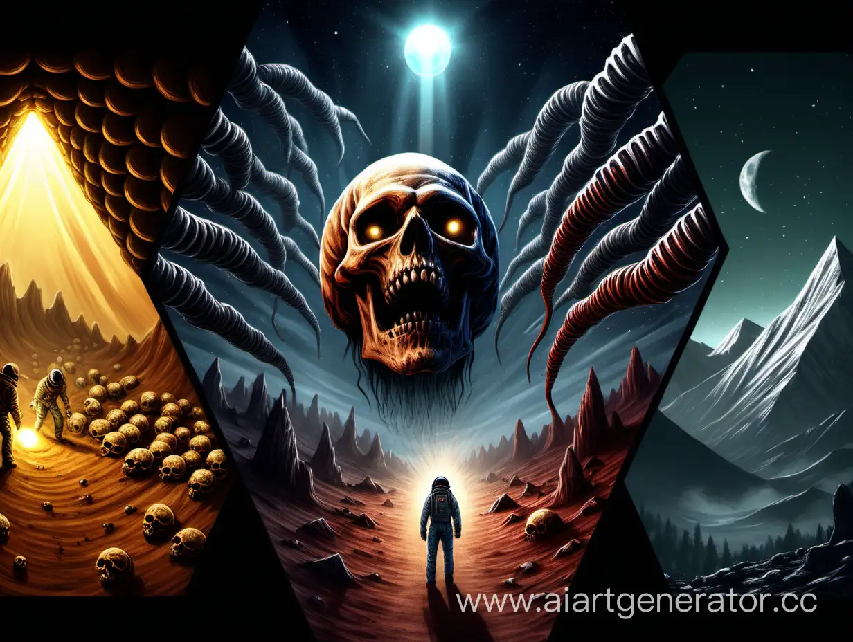 Create an image for a Youtube game-themed banner in a realistic style with popular horror, survival, sandbox games. And also so that the entire image would be divided into triangular honeycombs, each would have an image with a game. and also the whole drawing was clearly divided into three main drawings. the first one depicts a scary creature that looks like a centipede with a human skull instead of a head and a scared man shining a flashlight at it and all this from a third person. the second picture shows a cowboy and in the distance there are mountains in his path. and in the third picture, the cosmonaut is alone in the room repairing his spaceship. 4K image