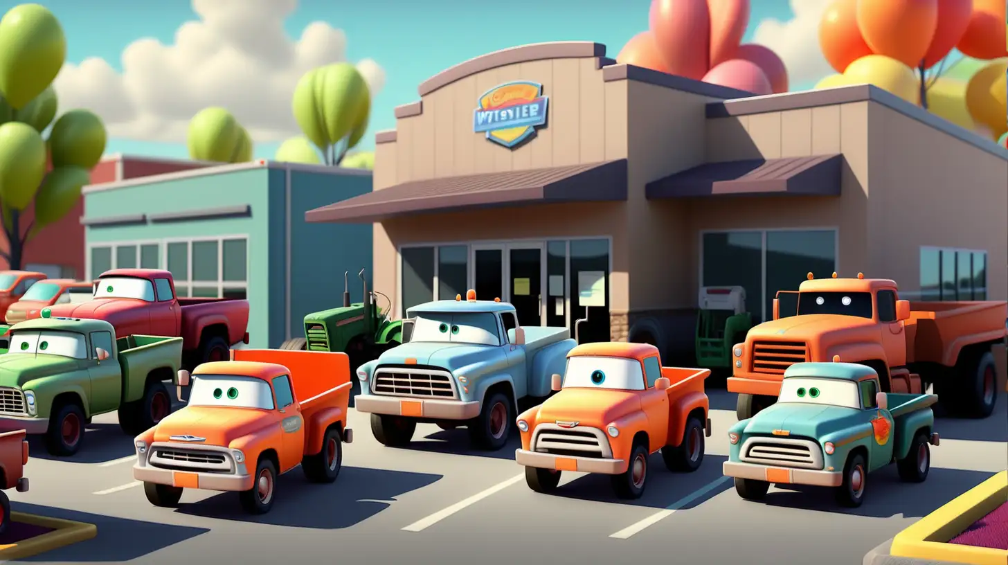 Parking lot with cars, trucks, trailers and tractors in front off small town office with computers and office furniture visible through the window colorful pixar style no watermark