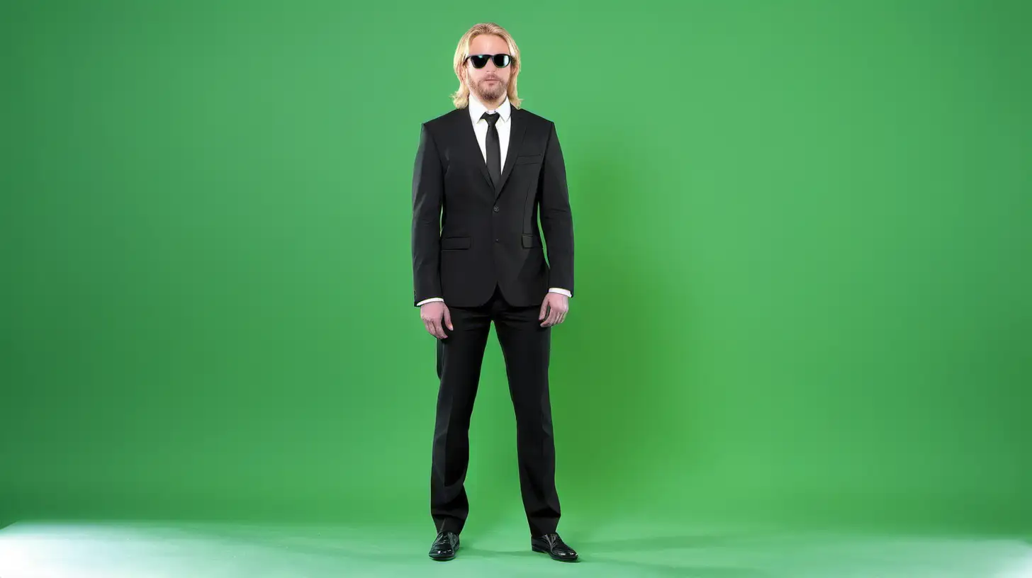 full body shot of a Long blonde haired man with a short beard in black suit with sun glasses standing in front of green screen
