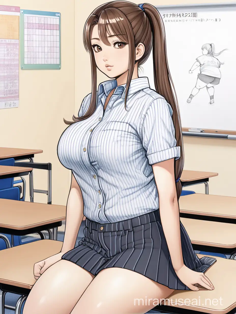 Drawing of a Japanese woman, slightly chubby, busty, with a high ponytail, wearing a unfinished broken uniform seersucker shirt, slightly thicker thighs, and a high-strung look, in a classroom