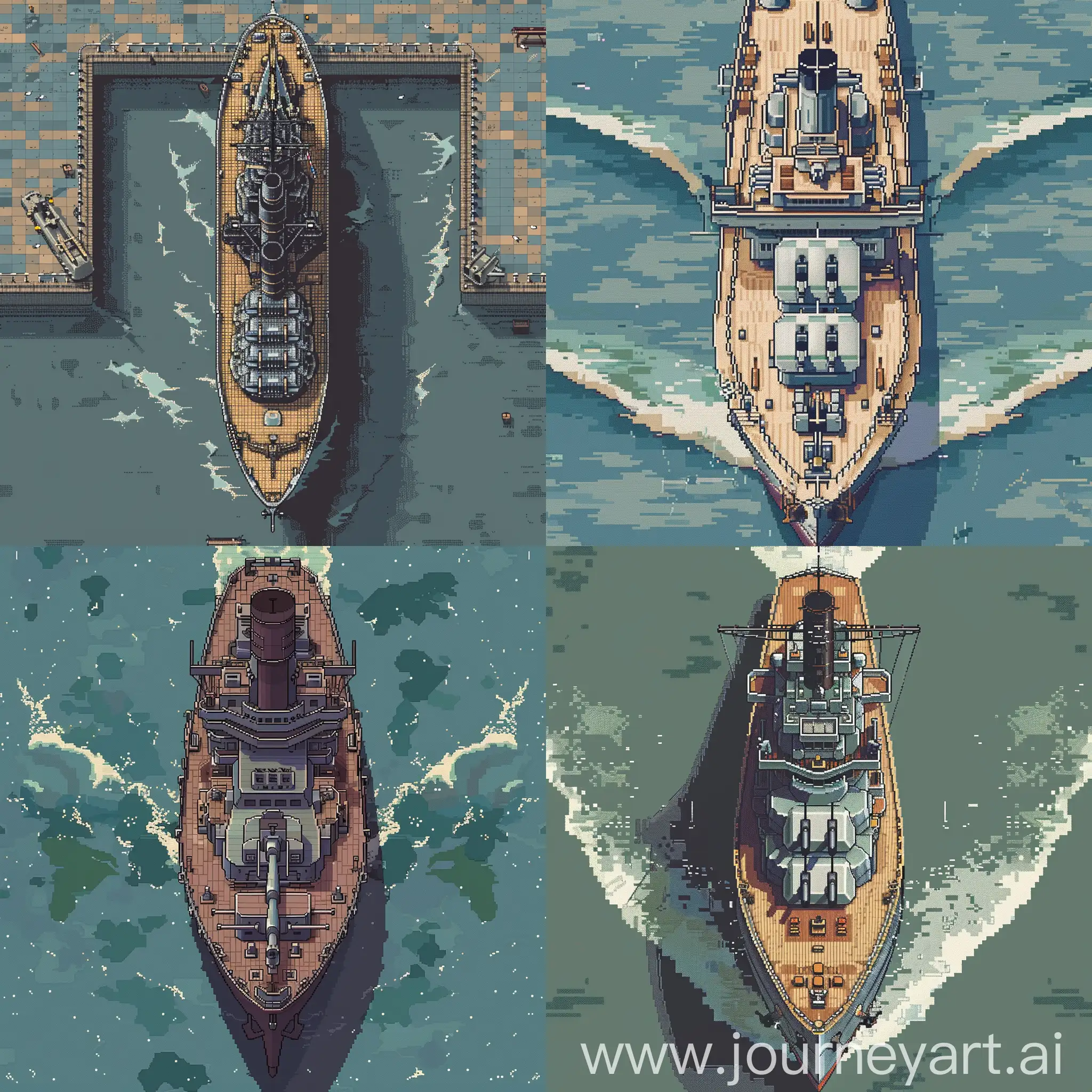 Pixel Art spritesheed of a dreadnaught battleship seen from a top-down view.