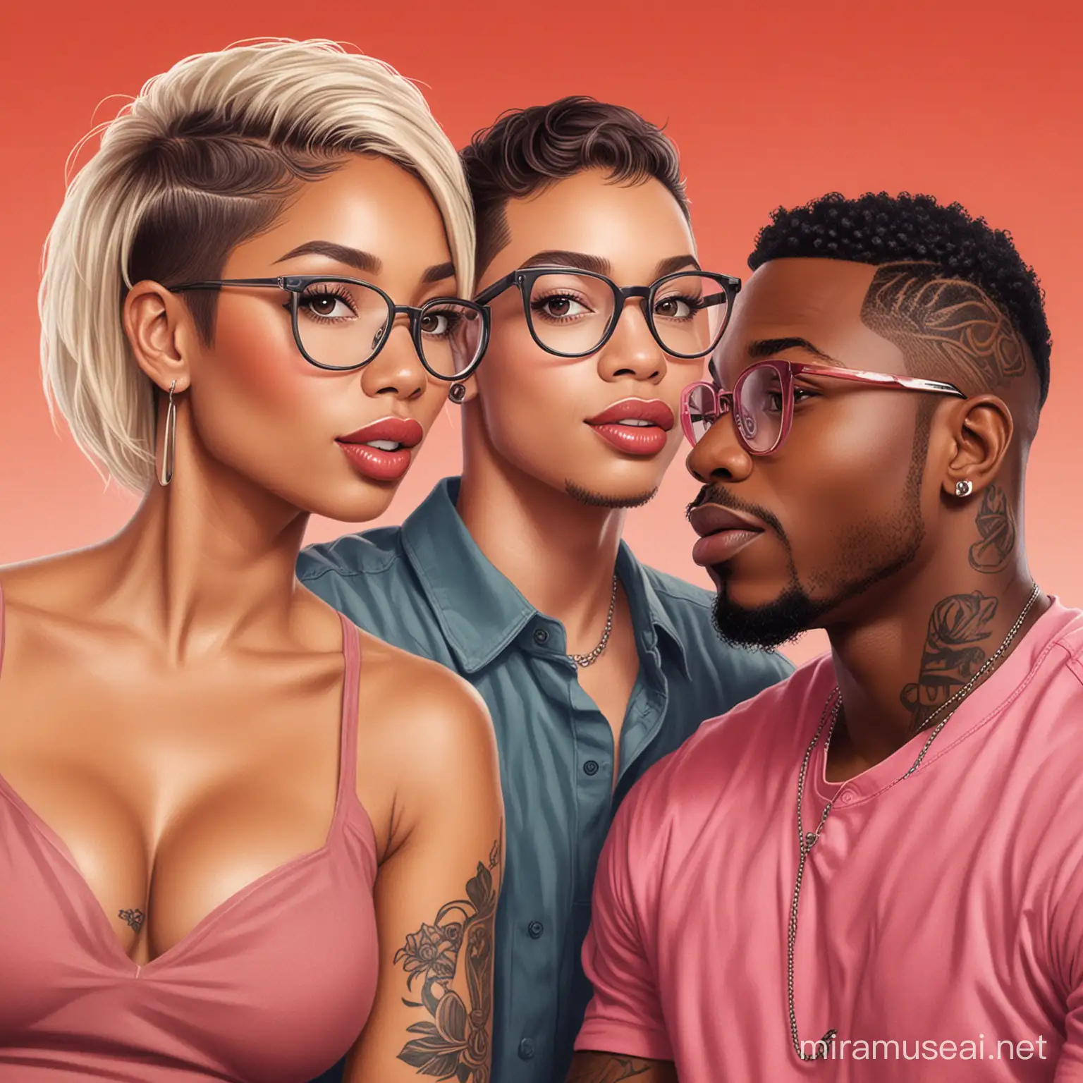 
An illustrated depiction of an African American woman and male both 
 in her mid-30s with a short, pixie blonde haircut. She could be wearing heart-shaped glasses, showcasing her big lips, and having a great figure. The illustration could be vibrant and dynamic, embodying the essence of the channel's diverse and engaging content. The background could be a blend of colors representing various topics like reality TV, global news, culture, and food to reflect the channel's wide-ranging discussions. Sitting across from her is a balled african american male, authlicatic Bult, tattoos up his arm. engaing in conversation with the female set upon a stage

