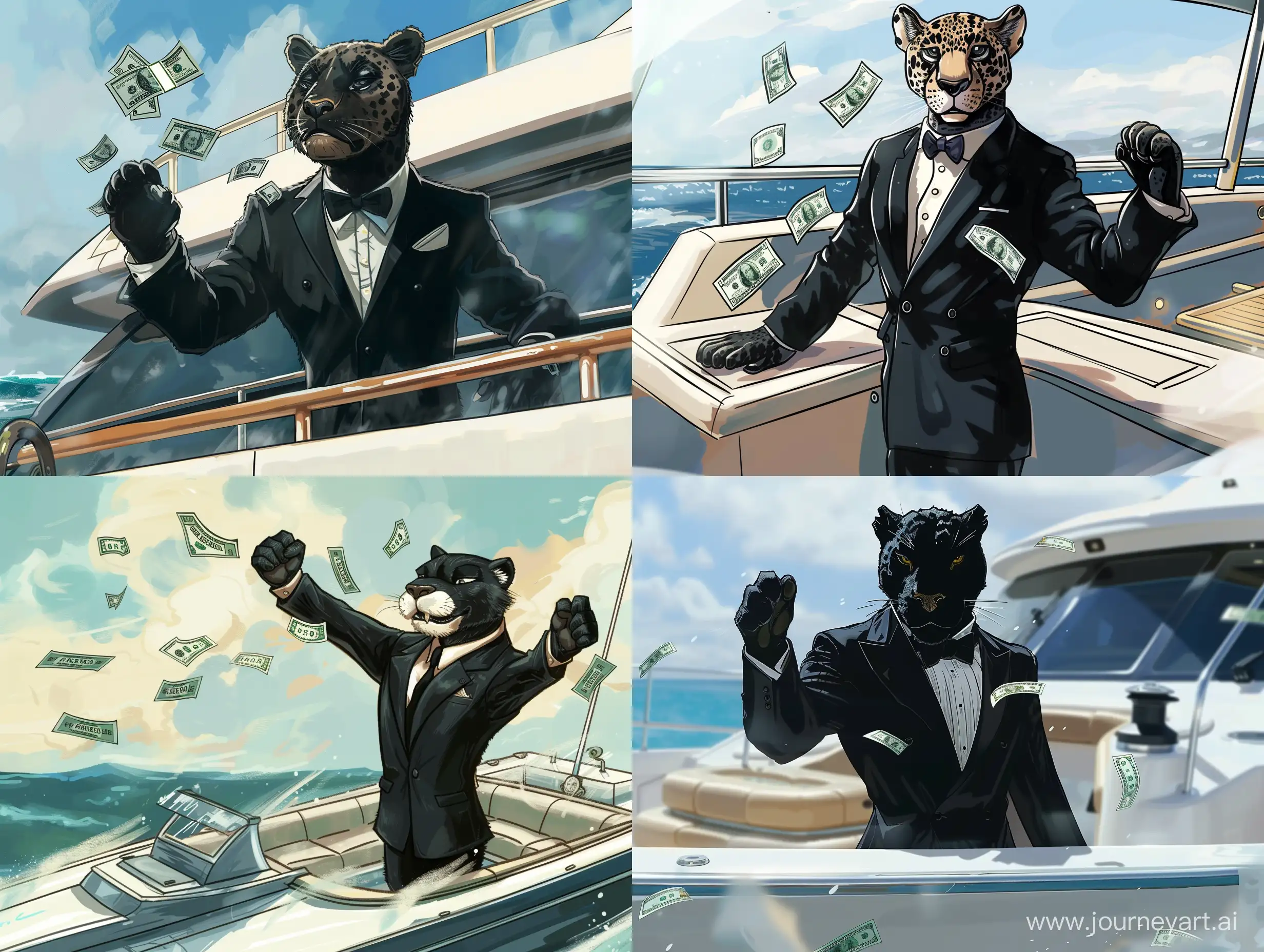нарисованная картинка стиль мульт реализм пантера в черном костюме на яхте раскидывает доллары  