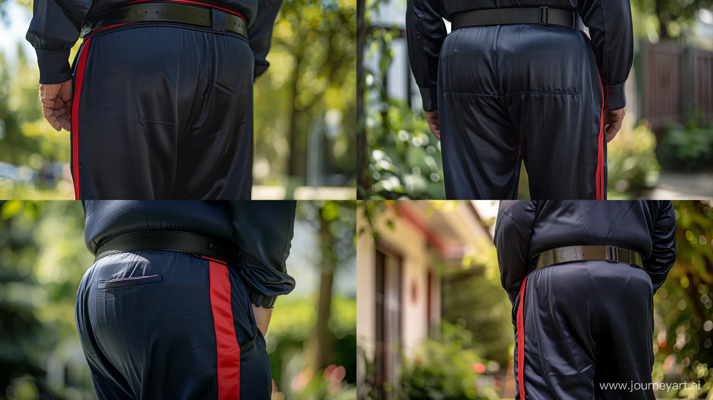 Back view close-up photo centered on the waist of a fat man aged 70 wearing a silk navy tracksuit with red stripe on the leg. Black tactical belt. Outside. Summer. --style raw --ar 16:9