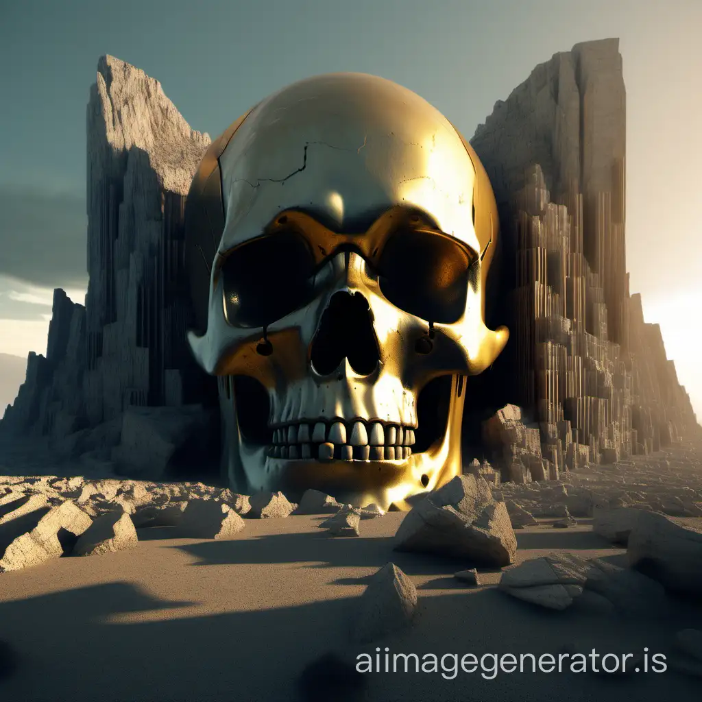 a skull with two cliffs beside it, include dystopian architectur,cinematic center composition,gold hour,Ray Tracing Global Illumination,Glow