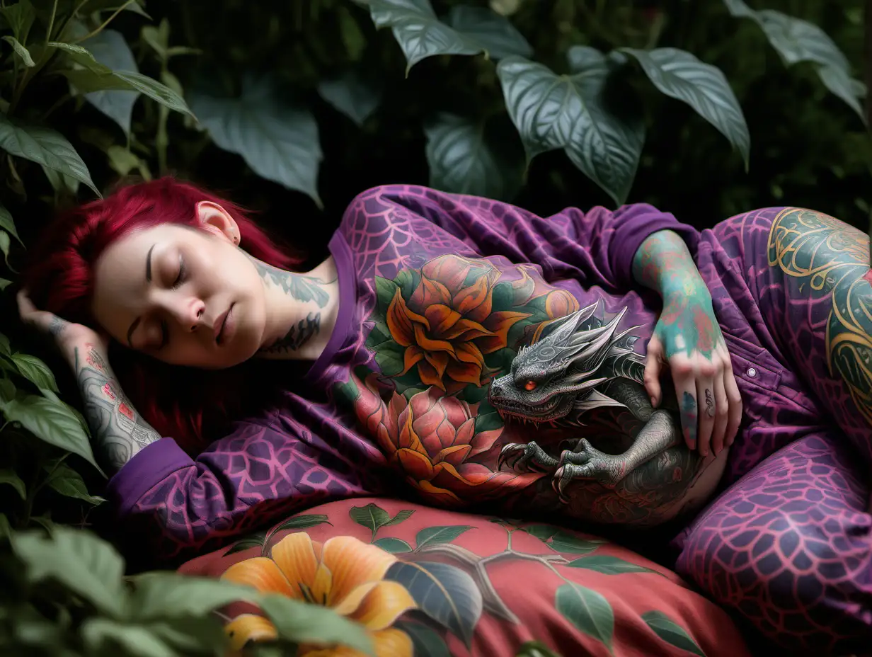 ultra-realistic high resolution and highly detailed photograph of a female human draconic, with draconic tattoos, and a colourful pyjamas, asleep in a garden