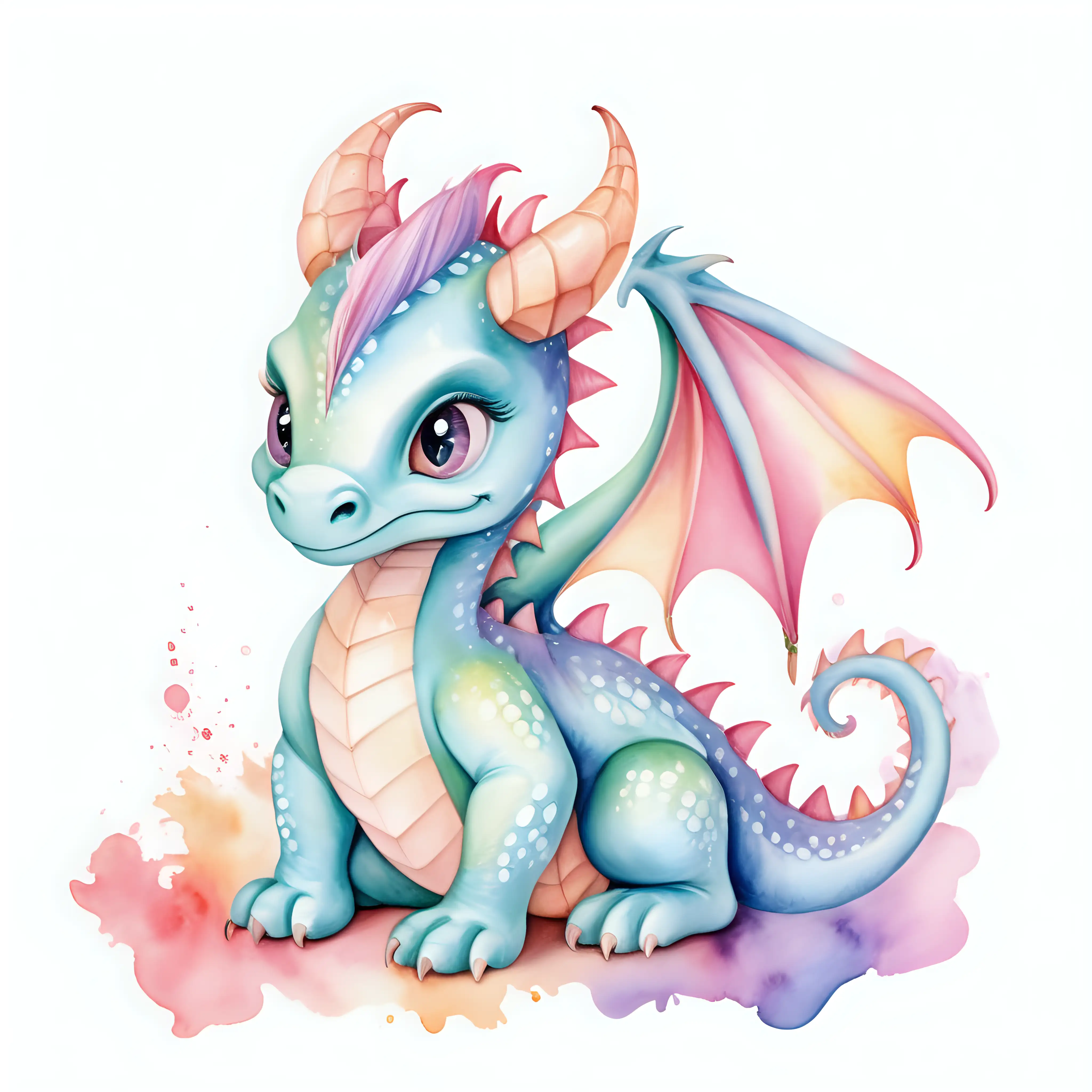 Pastel Watercolor Baby Dragon Illustration on Clean White Background