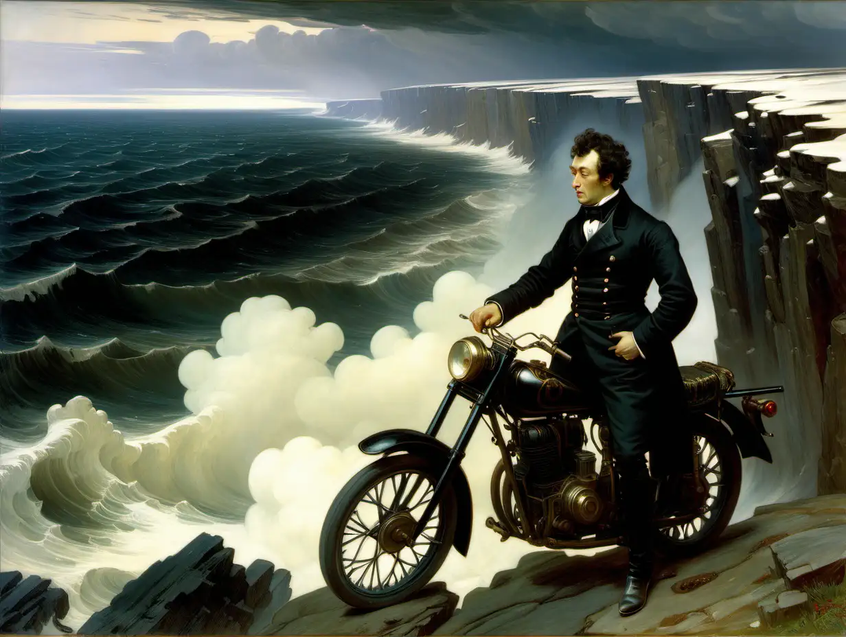 руский  поэт А С Пушкин на    спортивном  черном мотоцикле стоит  на краю обрыва смотрит на бушушующее море   .  by Vasnetsov
