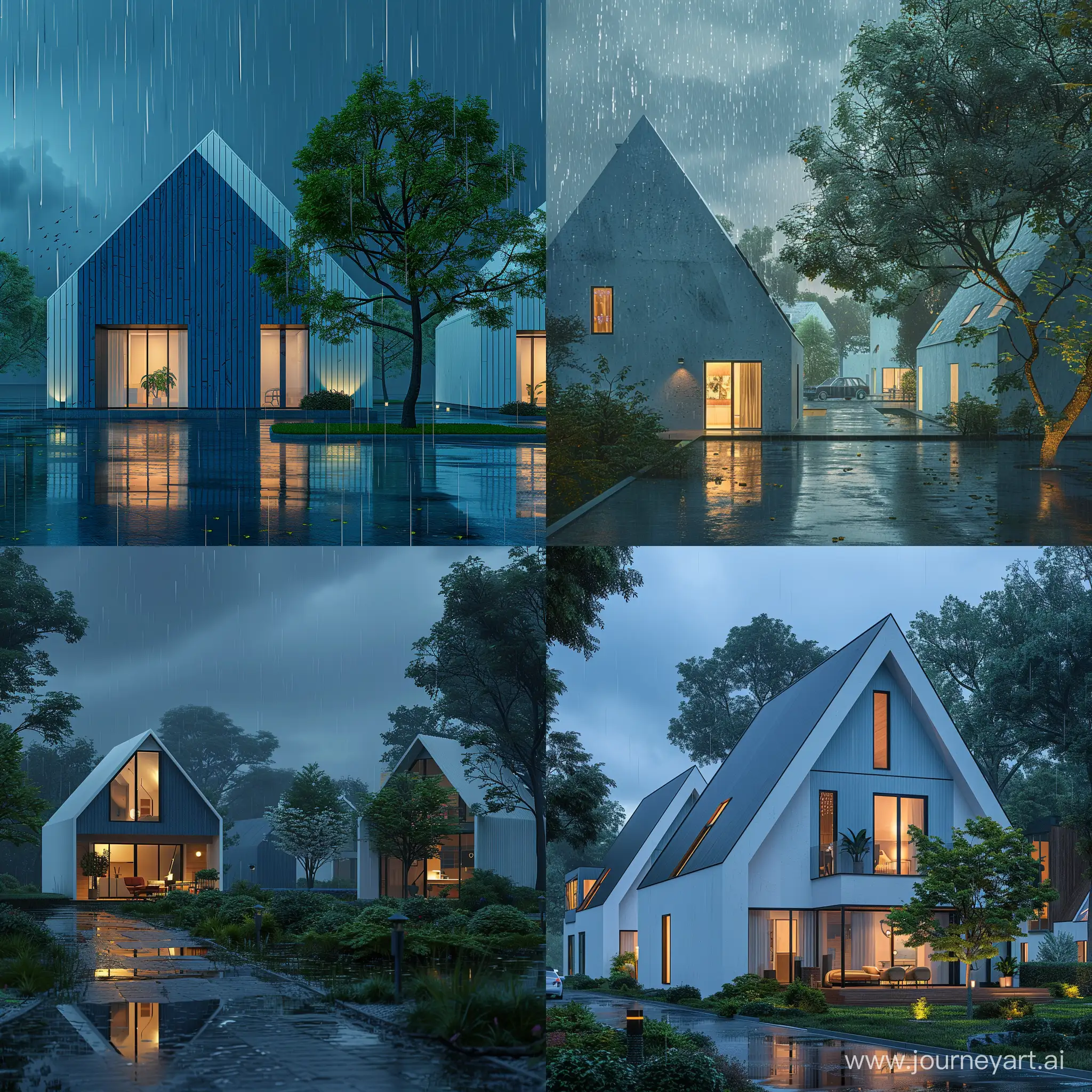 Realistic Digital Art From White and Blue Modern Gable Houses in Usa, Green Tree, Rainy Night, Deep Mood, Dreamy Theme, High Quality --v 6.0 --s 250