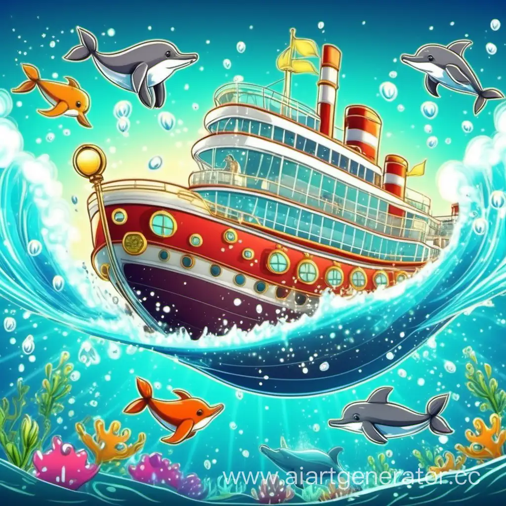 Cute beautiful cartoon steamship sailing on the sea Dolphins dive around. The water sparkles. Splashes. illustration for a children's book. Best quality, 4k