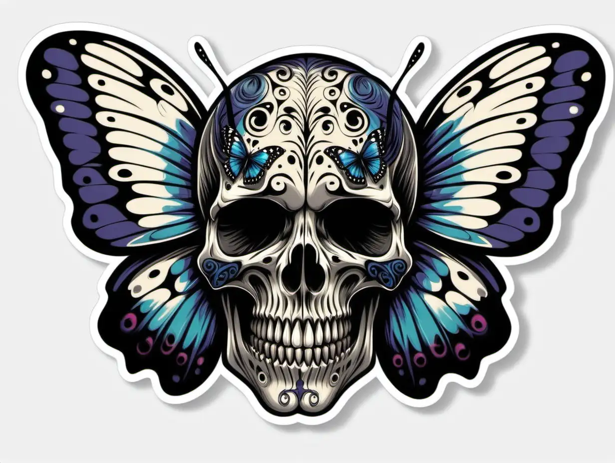 /imagine prompt:Butterfly wings skull face , Sticker, Playful, Dark, mural art style, Contour, Vector, White Background, Detailed
