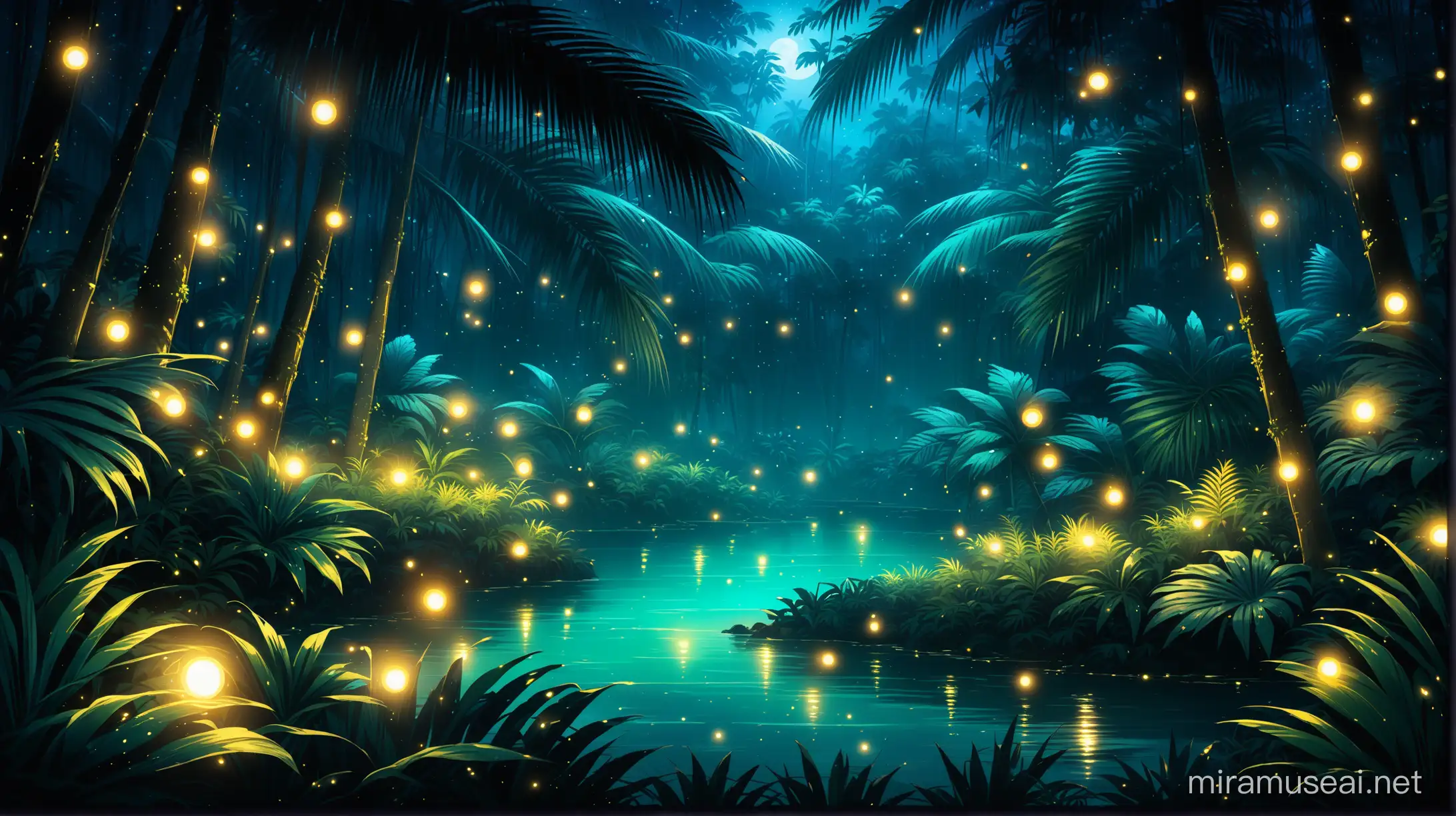 Night tropical jungle with fireflies atmospheric