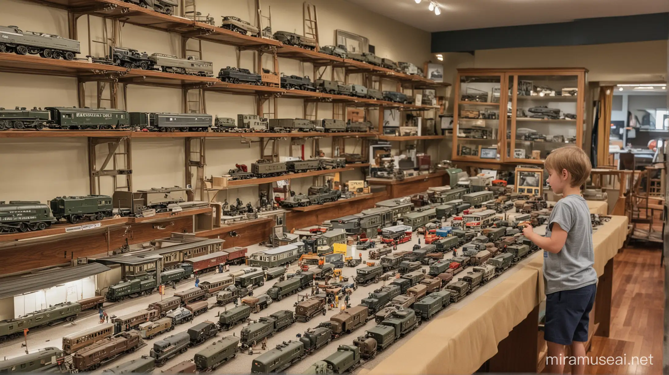 a child is looking into a study while the shelves and display cases on wall full of WWII trains, planes, ships tanks, and houses models in the background