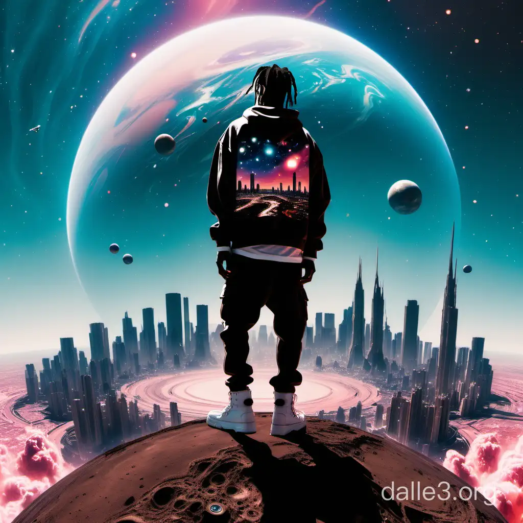travis scott standing on a planet, in a celestial city, super trippy