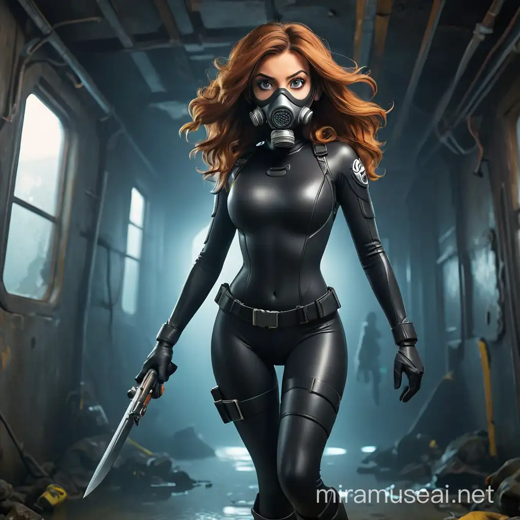 first person view from from view ground level, looking up at a sexy athletic female scuba diver in full body, standing sexy pose, very tight catsuit, big breast, wearing a gas mask, sadistic look, she holds a knife in one hand