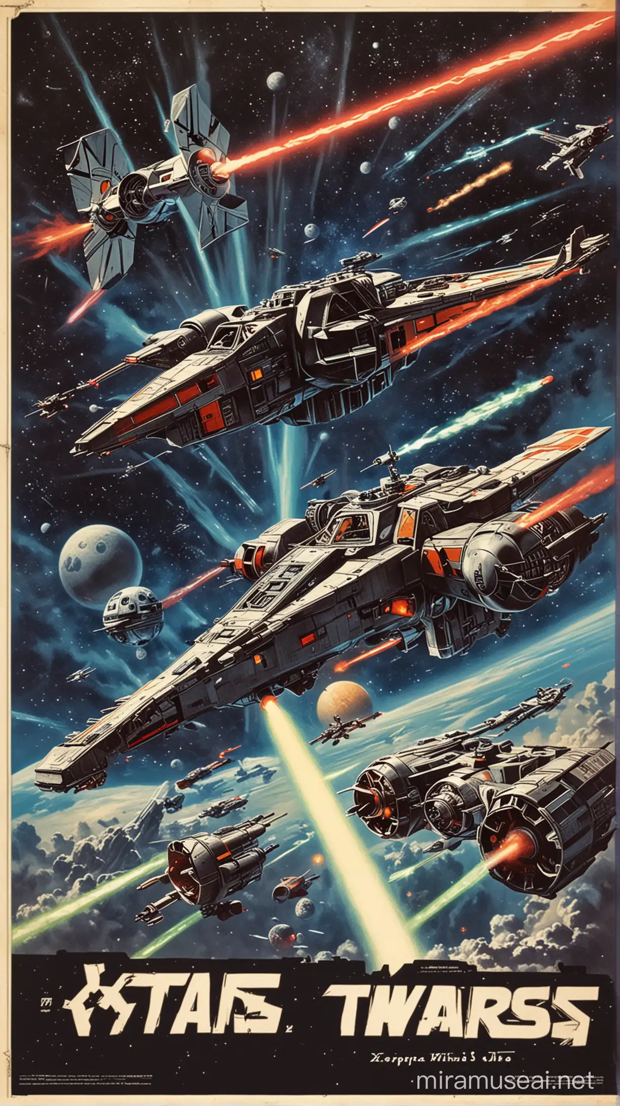 Space Battle Xwings vs Laserfiring Telephone in Retro Star Wars Style