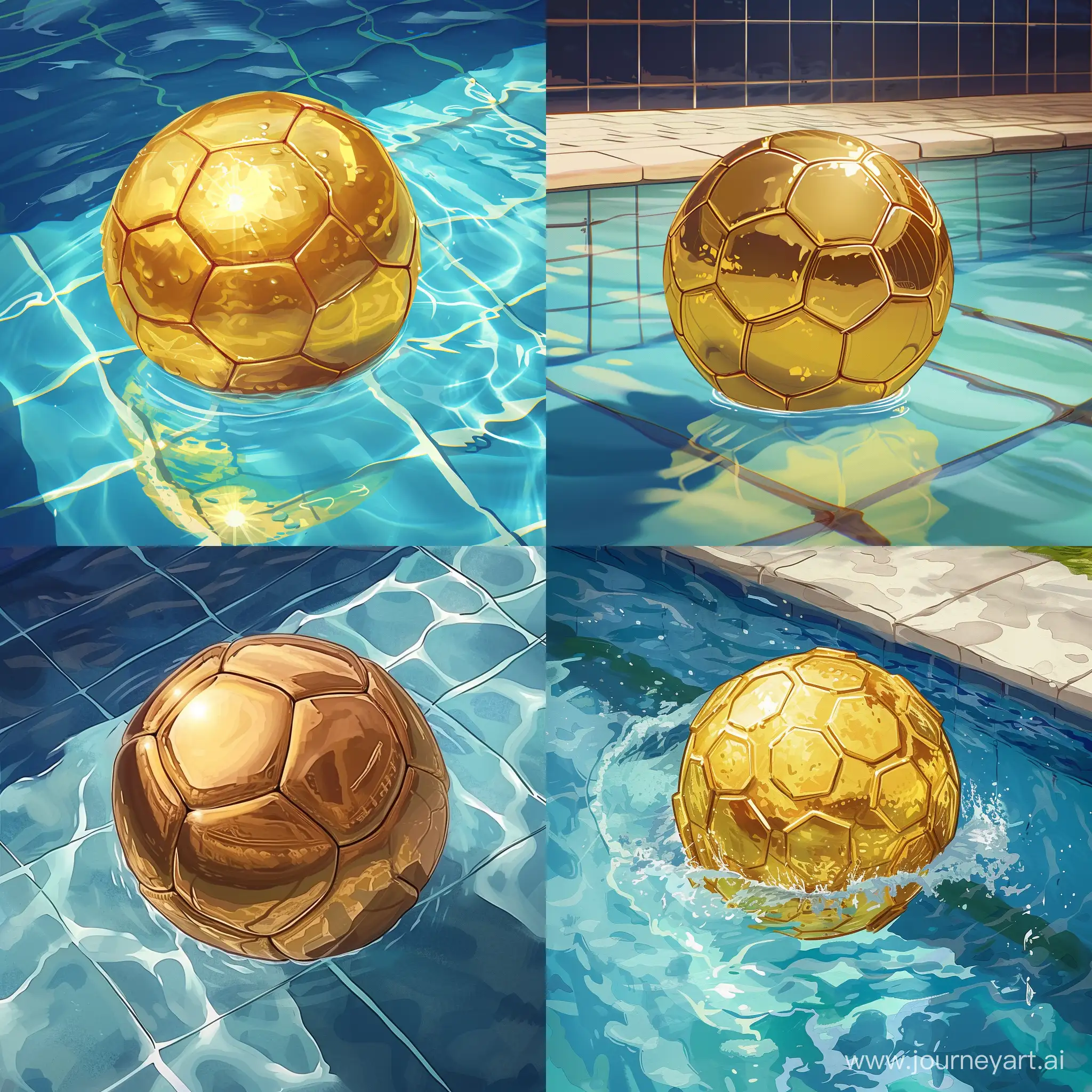 нарисуй золотой футбольный мяч в бассейне, реалистичный стиль, высокая детализация