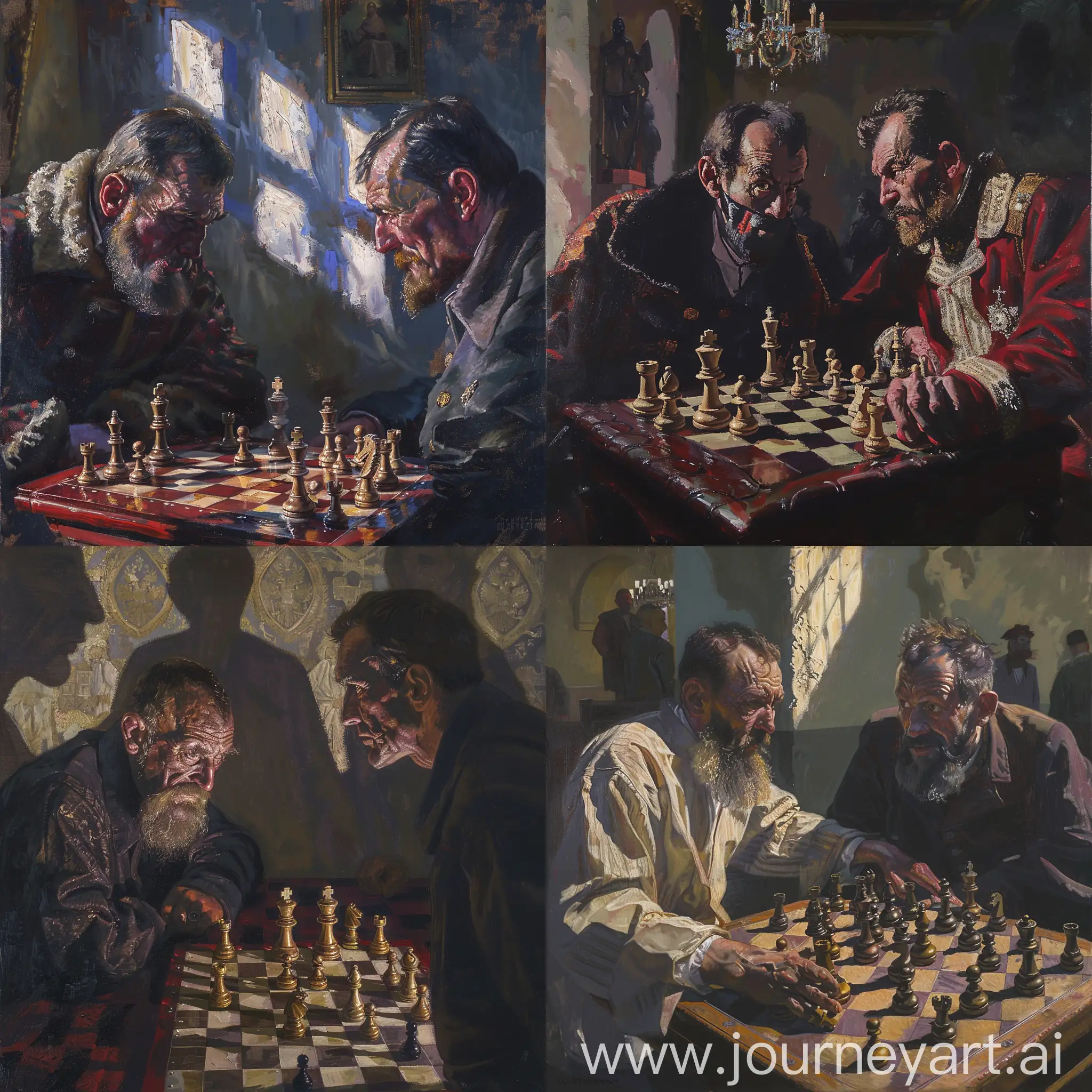 An oil painting showcasing Ivan the Terrible and Bogdan Belsky locked in a tense game of chess, each man's face a mask of concentration and strategy. The setting could be a dimly lit chamber in the Kremlin, with shadows dancing ominously across the walls, echoing the psychological warfare being waged across the chessboard. The painting captures the intensity of their rivalry and the high stakes involved in their intellectual duel.