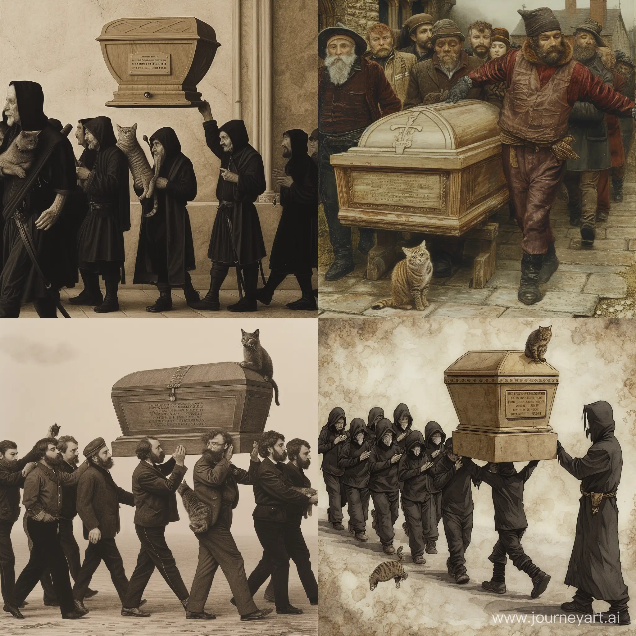 Image Prompt: A solemn funeral procession scene with mourners carrying a deceased person's sarcophagus, but a stern figure or inscription indicating the prohibition of a cat accompanying the deceased, with perhaps an image of a cat being separated from the procession.