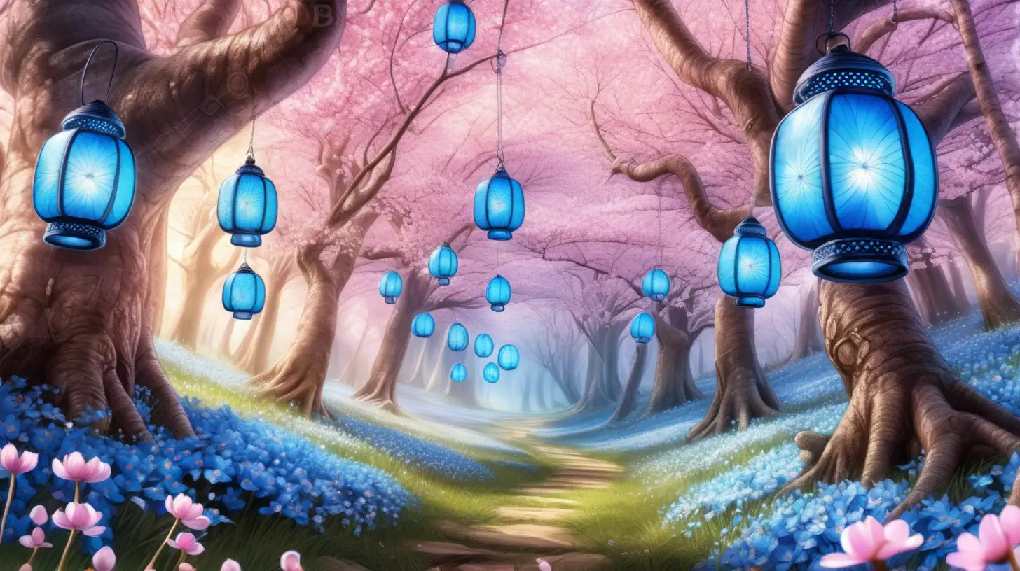 Magical Fairytale blue and pink flowers-covered mushrooms and fairytale-lanterns hanging on cherry blossom forest