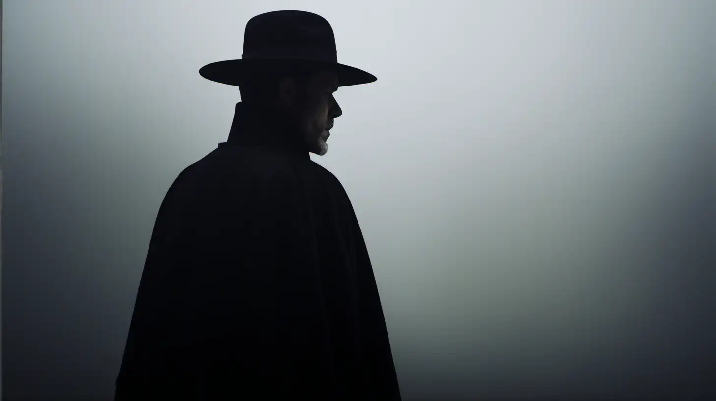 Portrait of the upper body and face of a man in a black cape and wide black fedora, against a dark background with fog, shadowed. He is whistling.